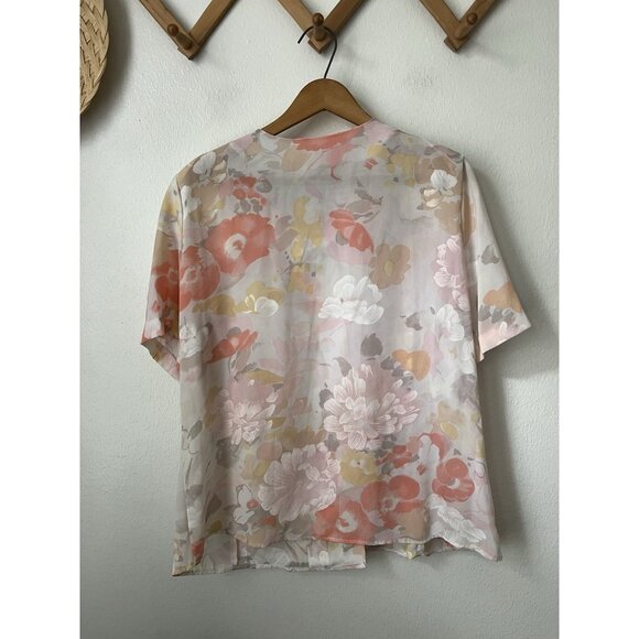 80s pastel floral pleat front short sleeve button blouse polyester L - Picture 4 of 6